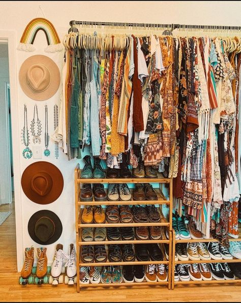 Boho Walk In Wardrobe, Organizing Clothes Without A Closet, Cottagecore Closet Room, Maximalist Closet Organization, Maximalist Organization, Boho Walk In Closet, Vintage Closet Ideas, Boho Closet Ideas, Boho Maximalism Bedroom