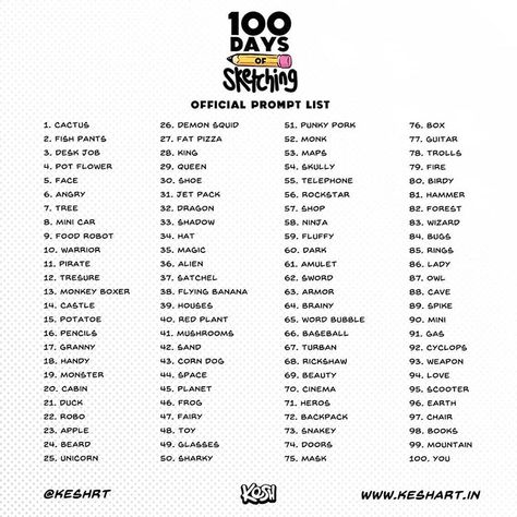 The official Prompt list for '100 Days of Sketching' starting MAY 1st. And the video for this launches tommorow at 5 PM IST.on my YouTube… Sketch Everyday, Faces Anatomy, Sketching Challenge, Sketchbook Prompts, 30 Day Drawing Challenge, Prompt List, Photo A Day Challenge, Drawing Ideas List, 100 Day Challenge