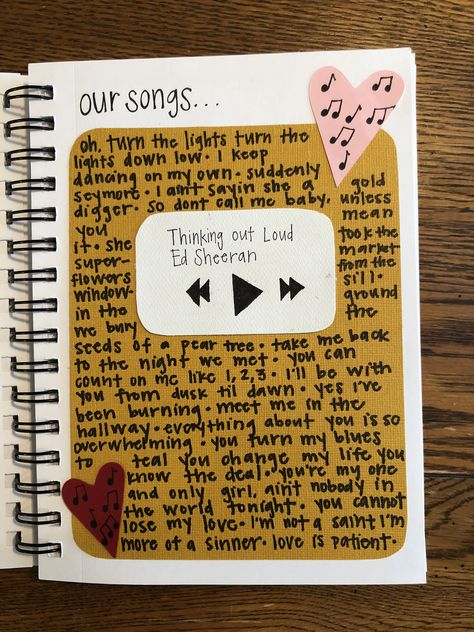 Lesbian Scrapbook Ideas, Diy Love Scrapbook Ideas, Boyfriend Memory Book Pages, How We Met Scrapbook Page, Our Song Scrapbook Page, Ldr Scrapbook Ideas, Song Scrapbook Ideas, Dad Scrapbook Ideas, Music Scrapbook Page