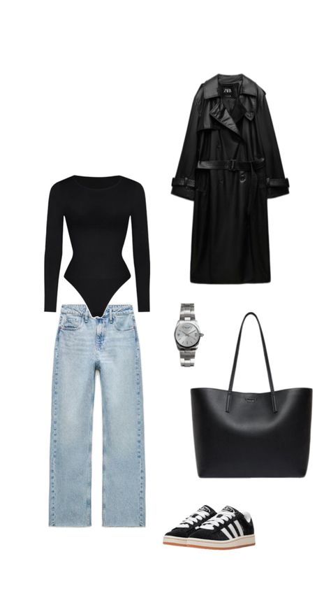 Outfit Trench, Outfit Campus, Zara Looks, Top Noir, Jean Mom, Mode Zara, Timeless Outfits, Korean Casual Outfits, Ootd Ideas