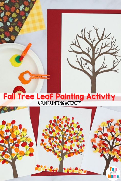 Autumn Finger Painting, Qtip Fall Tree Painting, Q Tip Fall Tree Painting, Fall Paint Projects For Kids, Fingerprint Fall Tree, Q Tip Tree Painting, Leaf Artwork For Kids, Fall Tree Painting For Kids, Fall Finger Painting