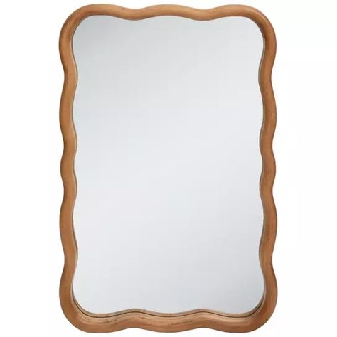 Brown Rectangle Wavy Wall Mirror | Hobby Lobby | 2418564 Half Bathroom Mirrors, Powder Bathroom Mirror, Mirror In Nursery, Mirror With Pictures Around It, Kids Bathroom Mirror, Light Brown Mirror, Wall Mirror Wood Frame, Light Wood Mirror, Gallery Wall With Mirror