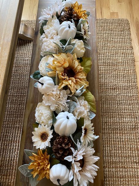 Fall Wood Box Centerpiece, Fall Flower Boxes, Sunflower Table Centerpieces, Mantle Centerpiece, Farmhouse Planter, Fall Deck, Blue Fall Decor, Neutral Flowers, Planter Centerpiece