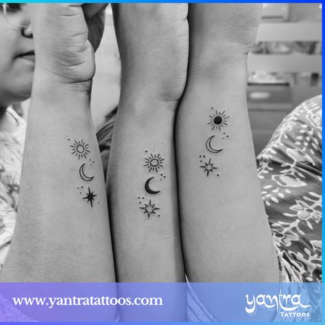 One is the sun☀️, the other is the moon🌙 and then the star.🌟 They all shine together on the skies of friendship. Amazing tattoos when three close friends inked together their bond on their forearms from Yantra studio.   #yantratattoos #friendshiptattoos #tattoodesigns #chennaitattoos Tattoo Ideas Three Sisters, Sun Moon Star Sibling Tattoo, Sun Moon Star Trio Tattoo, Matching Star Tattoos Best Friends, 3 Friend Tattoo Ideas, 3 Best Friend Tattoos Sun Moon Star, Moon Sun And Stars Tattoo Matching, Three Friendship Tattoos, Star Moon Sun Tattoo Friends