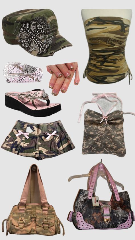 #music #vintage #y2k #camo #mcbling #fashion Mcbling Fashion, Trashy Outfits, Y2k Camo, 2000s Outfit, 2000s Fashion Trends, Camo Outfits, 2000s Outfits, Gyaru Fashion, 2000s Fashion Outfits