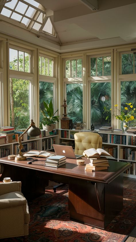 Create a classy sunroom office with timeless decor and ample natural light. Use elegant furniture and sophisticated accents to transform your space into a productive and stylish work environment. #sunroom #officeinspo #classyroomdecor #elegantoffice #homedécor #officeorganizationtips #naturalight #officecolors #decoration #homeofficeideas Washrooms Ideas, Light Academia Office, Conservatory Office, Whimsical Office, Loft Home Office, Design Bedroom Wall, Aesthetic Home Decor Ideas, Relaxing Office, Sunroom Office