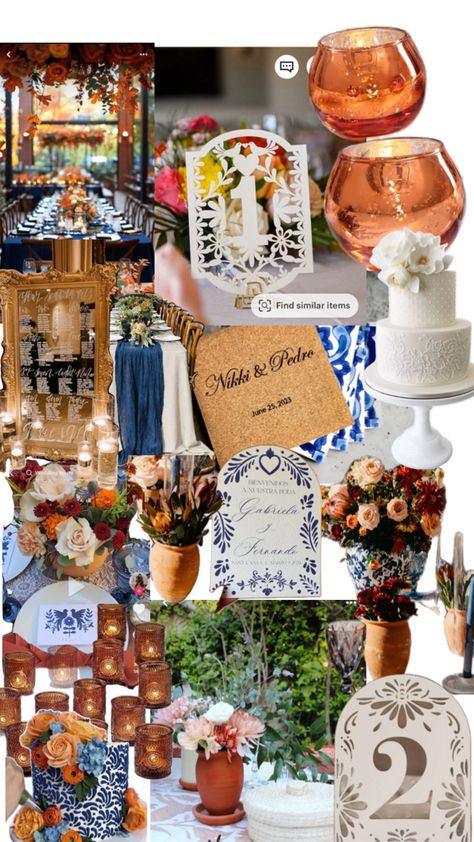 Tropical Mexican Wedding, Spanish Party Theme, Mixed Culture Wedding, Modern Mexican Wedding Aesthetic, Mexican Centerpiece Ideas Wedding, Modern Mexican Party, Spanish Style Wedding Decorations, Hacienda Style Wedding Decorations, Blue Hacienda Wedding