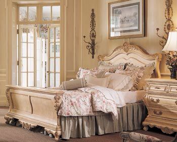 Thomasville Palais Jardin bedroom furniture in Riviera finish, a pearlescent white painted finish covered in multicolored stippling and highlighted by silver tipping. Queen Bedroom Furniture, French Style Bedroom Furniture, Cottage Style Bedrooms, Bedroom Sets Furniture Queen, Cream Bedroom Furniture, King Size Bed Headboard, Cream Bedroom, White Bedroom Set, French Style Bedroom