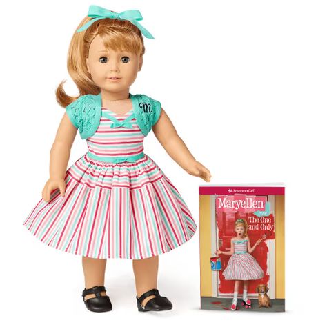 Maryellen Doll & Book | American Girl Book Pajamas, 1950s Style Outfits, American Girl Maryellen, Maryellen Larkin, Strawberry Blond, Black Mary Jane Shoes, Girls Pjs, Swept Bangs, American Dolls