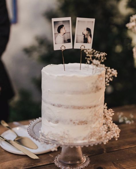 Wedding Cake With Photos On It, Wedding Cake With Pictures, Bridal Shower For Bride And Groom, Rustic Civil Wedding Ideas, Polaroid On Wedding Cake, Unfinished Wedding Cake, Simple Mini Wedding Cake, 2 Person Wedding Cake, Small Wedding Cake Inspiration