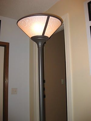 Lamp shade makeover (using vellum) Upside Down Lamp Shade, Torch Lamp Makeover, Torchiere Floor Lamp Makeover, Walmart Floor Lamp Makeover, Floor Lamp Redo Wire, Torchiere Floor Lamp Replacement Shade, Floor Lamp Makeover, Miniature Floor Lamp Diy, Torch Floor Lamp