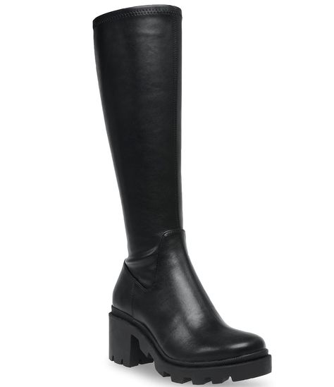 PRICES MAY VARY. Synthetic upper, lining, and insole Knee-length construction Zippered side closure Low platform heel Rubber lug outsole for traction Hotel Closet, Olive Boots, Tall Heeled Boots, Sole Boots, Fashion Things, Lug Sole Boots, Steve Madden Boots, Chunky Heels Boots, Tokio Hotel