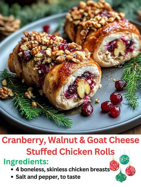 Cranberry Goat Cheese Stuffed Chicken, Cranberry Stuffed Chicken, Stuffed Chicken Rolls, Christmas Party Hosting, Walnut Stuffing, Cranberry Goat Cheese, Roll Food, Walnut Chicken, Goat Cheese Stuffed Chicken