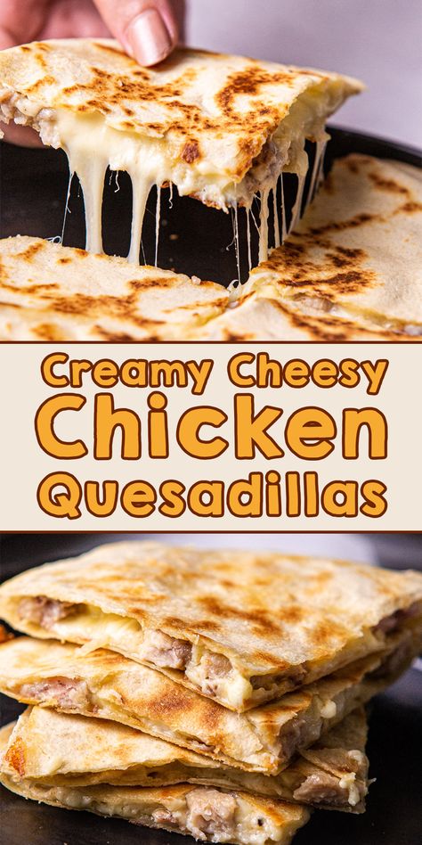 Are you stressing about your dinner plans tonight? Try to make easy, delicious, and creamy cheesy chicken quesadillas! It kicks up a notch with the crispy tortilla, juicy chicken, and creamy bechamel sauce. With simple ingredients, you can make everyone asking for more! Chicken Quesadillas Canned Chicken, Simple Chicken Quesadilla Recipe, Chicken Queso Quesadilla, Easy Lunch With Tortillas, Easy Baked Chicken Quesadillas, Chicken Quesadilla Bake, Fajitas Chicken Quesadillas, Cheesy Chicken Quesadillas Easy, Chicken Quesadillas Sauce Recipes