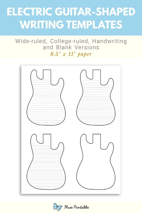 Free printable electric guitar-shaped writing templates. This PDF download includes wide ruled, narrow ruled, handwriting, and blank versions. Download the templates at https://museprintables.com/download/writing-template/electric-guitar-shaped/ Infant Projects, Guitar Template, Writing Paper Template, Handwriting Lines, Writing Template, Lined Writing Paper, 3rd Grade Reading, Writing Templates, Kids Projects