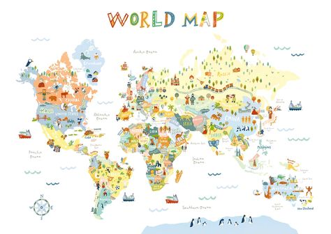 World Map | Maps Art Prints For Kids, World Map Printable, Map Nursery, Cartoon Map, South America Map, Kids World Map, Asia Map, North America Map, Maps For Kids