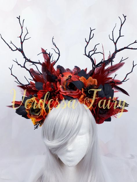 Fire Goddess Headdress Red and Black Fire Headpiece Fire - Etsy Canada Fire Witch Costume, Fire Crown Aesthetic, Fire Goddess Costume, Fire Fairy Outfit, Fire Fairy Costume, Fire Headdress, Fire Headpiece, Fire Themed Outfits, Fire Gown