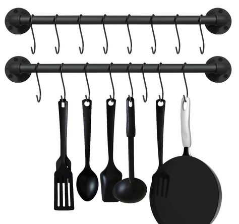 PRICES MAY VARY. Constructed of heavy duty iron pipe, coated with matt paint to prevent scratches and rusting, it can support at least 50lbs weight. The pots rack wall mounted can perfect match most popular trendy kitchen decoration styles. Multifunctional wall Hanger: This Pipe Pot Rail Rack with 16 pack removable s hooks can be used for hanging pots, pans, lids and other Utensils in kitchen. It can also be used as a towel holder and plant holder, bath grab bar and clothes bar. It could use in Industrial Style House, Towel Holder Kitchen, Pan Hanger, Utensil Organizer, Pot Organization, Pot Rack Hanging, Pan Rack, Bar Rack, Utensil Organization