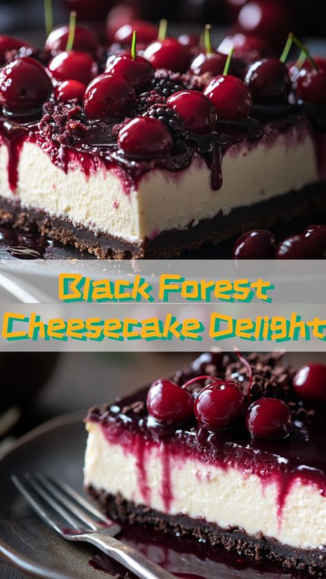 Indulge in our decadent Black Forest Cheesecake Delight 🍫🍒, featuring a chocolatey crust, creamy cheesecake filling, and cherry topping. Perfect for any gathering! #dessertheaven #cherrylicious #cheesecakegoals Black Forest Cheesecake Delight, Black Forest Cheesecake Bars, Black Forest Cherry Cheesecake, Black Forest Pie, Black Forest Cheesecake Recipe, Forest Desserts, Cheesecake Delight, Thanksgiving Cheesecake, Black Forest Cheesecake