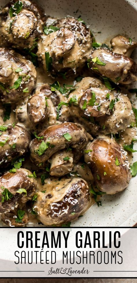 closeup of a bowl of mushrooms with text overlay that reads creamy garlic sauteed mushrooms Mushroom Recipes Sides, Stovetop Mushrooms, Carmelized Mushroom, Italian Sauteed Mushrooms, Mushroom Garlic Parmesan, Keto Garlic Parmesan Mushrooms, Garlic Parm Mushrooms, Side Dish Mushrooms, Mushroom And Asparagus Recipes Sauteed