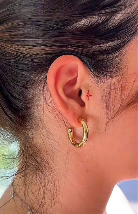 Tragus Ear Tattoo Ideas, Tattoos On The Ear, Ear Tragus Tattoo, Ear Tattoo Tragus, Star On Ear Tattoo, Ear Piercing And Tattoo, Small Tragus Tattoo, Sparkle Ear Tattoo, Tragus Tattoo Ideas