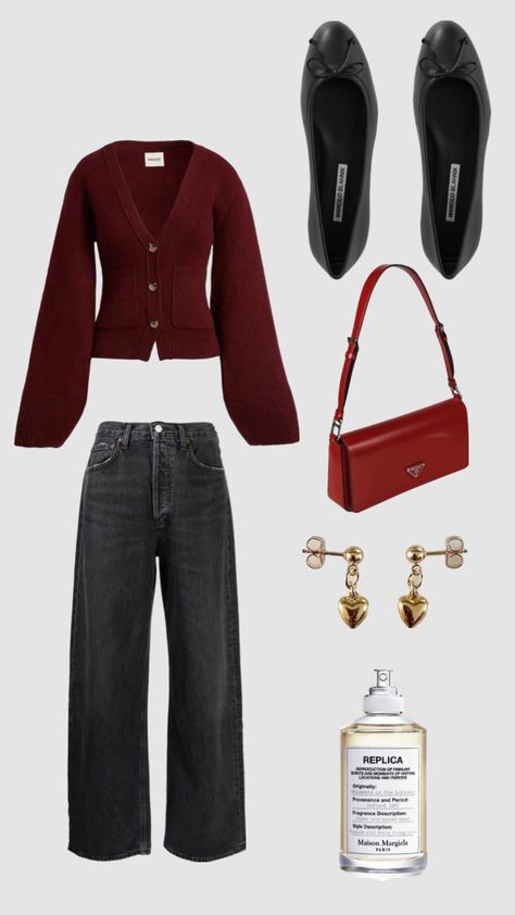 Red Cardigan Fall Outfit, Roz Doyle Outfits, Cherry Red Fall Outfit, Minimalist Outfits, Fall Outfits 2024 Cherry Red, Red Cardigan Aesthetic, Cherry Red Shoulder Bag, Fall Teacher Outfits, Maroon Outfit