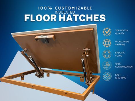 Looking for a custom metal trap door? Look no further than my shop! One of our specializations is in creating trap doors that are tailored to your exact specifications. Our trap doors are individually crafted to perfectly fit your unique space, with precise measurements taken down to the millimeter. Each trap door is a unique masterpiece, customized just for you. Our team of skilled craftsmen uses only the highest quality materials and advanced techniques to create trap doors that are not only functional and durable but also beautiful and stylish. Whether you need a trap door for your home, office, or commercial space, we can create the perfect solution to fit your specific needs. Ordering a custom trap door from us is easy - simply provide us with the exact measurements and specifications Hidden Floor Door, Attic Trap Door Ideas, Crawl Space Access Door In Floor, Trap Door In Floor, Loft Hatch Door, Floor Hatch, Basement Door, Basement Doors, Roof Hatch