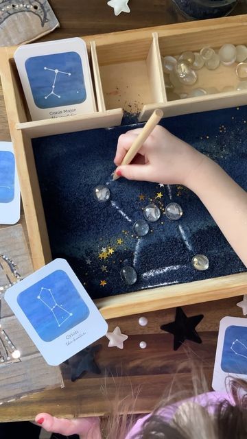 Montessori Cosmic Activities, Space Display Eyfs, Space Provocations Preschool, Constellation Sensory Bag, Galaxy Preschool Activities, Stars Preschool Activities, Constellation Crafts For Kids, Outer Space Activities For Kids, Space Dramatic Play