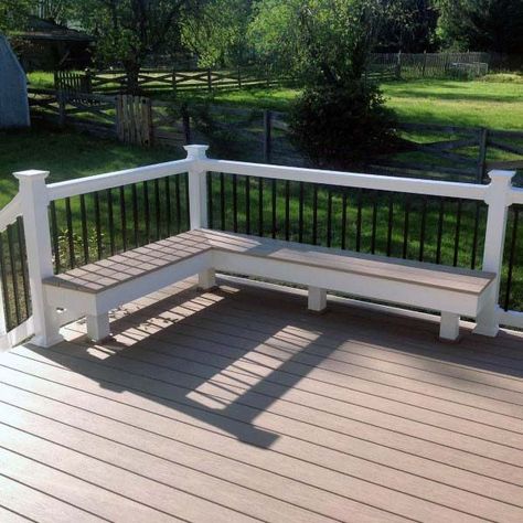 Deck Bench Ideas, Deck Bench Seating, Deck Bench, Deck Renovation, Deck Remodel, Patio Railing, Deck Seating, Deck Makeover, Deck Layout