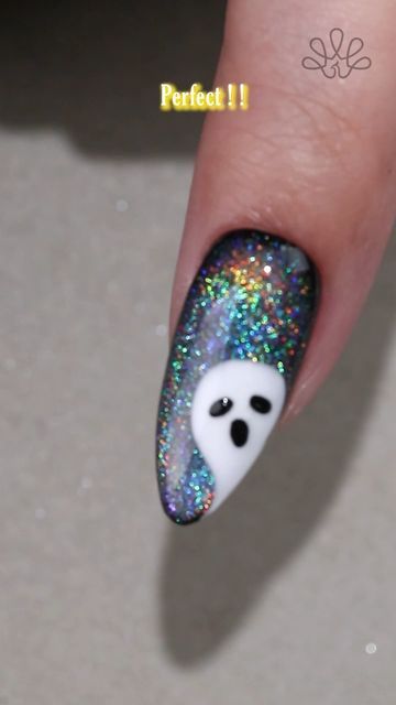 BORN PRETTY Official on Instagram: "Halloween Cute Ghost🌈🎉👻

Using #bornpretty 
🌈Omnipotent Holo Cat Magnetic Gel （ID：56383）
🖤Silky White Series: CG001·CG002（ID：55845）
🤍Super Top Coat（ID：58775）

Tap the link in my bio or visit bornpretty.com to get same nail🛒

#nails2inspire #nailartist #nailswag #bornpretty #nailsdesign #nailart #nailove #allshineonme #glitternails #amazing #halloween🎃#halloweenvibes #halloweennailsdesign" Glitter Ghost Nails, Colorful Ghost Nails, How To Ghost Nail Art, Sparkly Ghost Nails, Groovy Ghost Nails, Cute Ghost, Nail Artist, Glitter Nails, Swag Nails