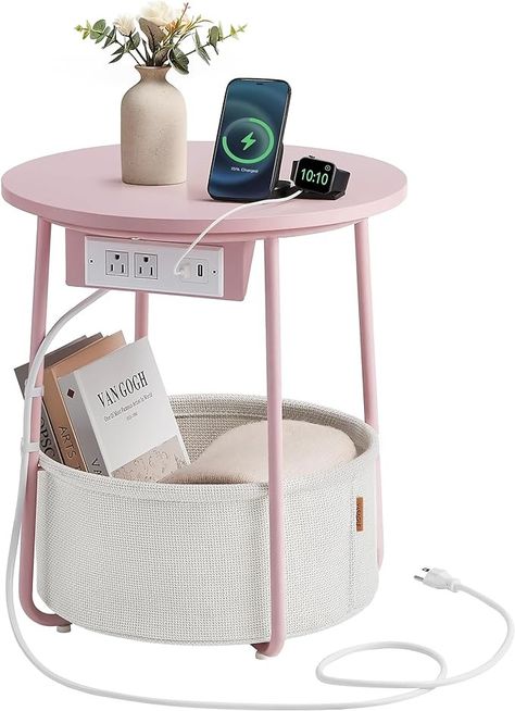 Amazon.com: VASAGLE Side Table with Charging Station, Round End Table With Fabric Basket, Nightstand with Power Outlets USB Ports, for Living Room, Bedroom, Modern, Jelly Pink and Cream White ULET228R01 : Home & Kitchen Basket Nightstand, Coffee Table With Baskets, Pink Side Table, Table With Charging Station, Round Building, Round End Table, Fabric Basket, Daughters Room, Night Stands