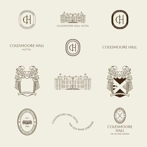 Some design assets from the Colesmoore Hall Hotel brand identity. More to come in the next week. ID: Slide 1- Badge logo on blue background featuring the brand illustration of the hotel building, and the hotel name, location and establishing year. Slide 2- The entire logo suite, a hotel has many different needs for logo and branding application so many logo variations are needed Slide 3- The primary logo Slide 4- The hotel tartan print #logodesign #logosuite #hotelbranding #hospitalitydesig... Old Money Design Graphic, Historic Logo Design, Boutique Hotel Logo Design, Palace Logo Design, Hotel Typography, Boutique Hotel Branding Design, Boutique Hotel Logo, Vintage Hotel Logo Design, Boutique Hotel Branding