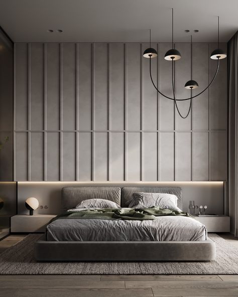 green gray on Behance Wall Slats, Bedroom Interior Design Luxury, Bedroom Decor Design, Bedroom Bed Design, Bed Furniture Design, Bedroom Furniture Design, It Is, The Bedroom, Apartment Interior