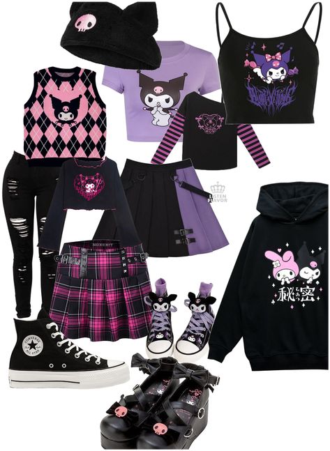 Kuromi Core Outfit, Kuromi Costume Ideas, Kuromi Outfit Ideas, Kuromi Cosplay Outfit, Kuromi Outfit Inspired, Cute Kuromi Outfit, Kuromi Themed Outfit, Kuromi Fit, Kuromi Style