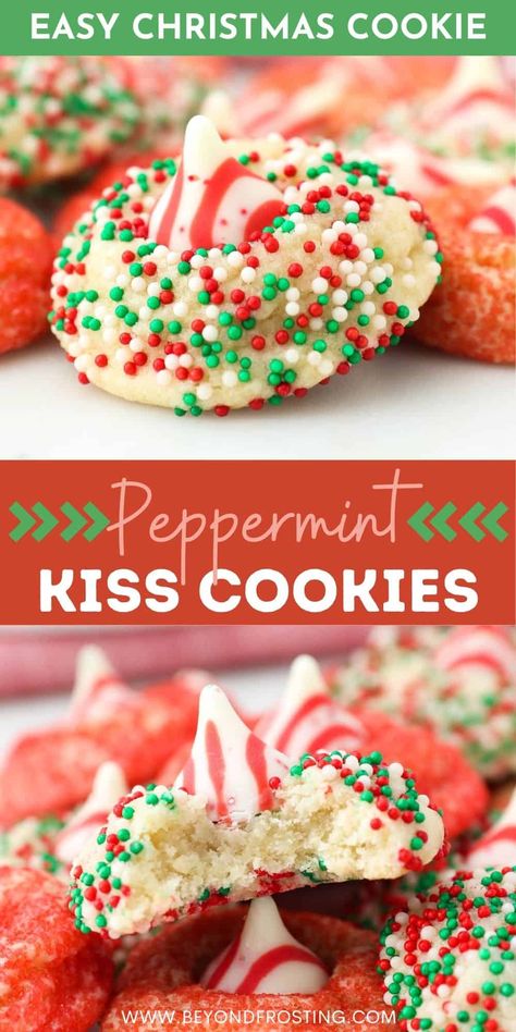 These Peppermint Kiss Cookies are the perfect Christmas cookie. Soft, chewy, perfectly dense sugar cookies are infused with peppermint flavor, coated in festive sprinkles, and topped with a Candy Cane Hershey's Kisses. Christmas Cookies With Kisses On Top, Sugar Cookies With Peppermint Kisses, Sugar Peppermint Cookies, Peppermint Kiss Blossom Cookies, Peppermint Kiss Sugar Cookies, Christmas Cookies Peppermint Kiss, Christmas Cookies Hershey Kiss, Sugar Cookie Kisses Recipe, Sugar Kiss Cookies