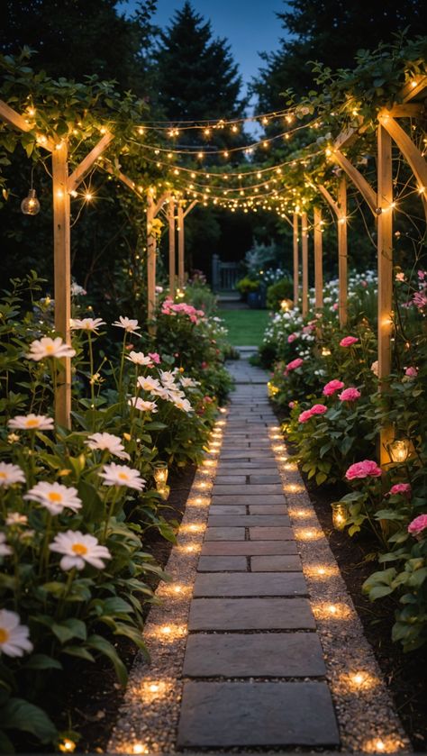 Transform your nighttime garden with enchanting landscape lighting! Create a magical vibe and showcase your favorite views.   Share your sparkling stories with us! Glow Garden Ideas, Garden Angel Aesthetic, Fancy Garden Ideas, Backyard Ideas Large Yard, Pretty Garden Ideas Backyards, Magical Backyard Garden, Woodland Garden Ideas Enchanted Forest, Pretty Backyard Garden, Royal Garden Aesthetic