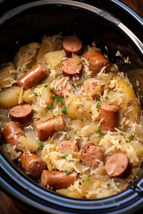 Crockpot Polish Sausage, Sauerkraut And Potatoes - That Oven Feelin Recipes With Polish Sausage, Crockpot Recipes Healthy, Sausage Crockpot Recipes, Crock Recipes, Kielbasa And Potatoes, Sausage Sauerkraut, Golden Potatoes, Sausage And Potatoes, Sausage Crockpot