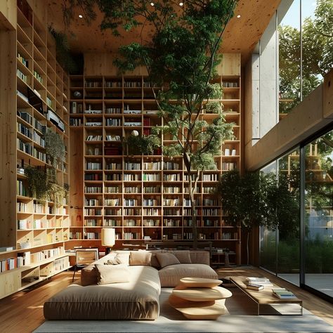 Explore this stunning modern living room library design blending Tadao Ando and Kengo Mase styles with a massive wooden bookshelf, glass walls, and a central tree. The cozy space features a sofa, green plants, and warm lighting, seamlessly integrating with nature. Ideal for architecture and home decor enthusiasts. Bookshelf In The Living Room, Wooden Book Shelf Design Modern, Long House Interior Design, Climbable Bookshelf, Modern Library Architecture, Tree Inside House, Weatherboard Renovation, Library Modern Design, Modern Library Room