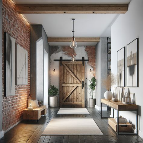 The hallway features an exposed brick wall on one side, offset with clean, white painted walls. A reclaimed barn door adds to the rustic appeal while modern art pieces add a contemporary twist. An expansive timber console table holds a minimalist vase and a couple of books. The flooring is dark hardwood which contrasts nicely against a soft, neutral colored rug. Overhead, pendant lights with Edison bulbs dimly illuminate the corridor adding a warm, inviting glow. Exposed Brick Hallway, Brick Hallway, Barndominium Decor, Rustic Industrial Farmhouse, Entryway Inspiration, Industrial Entryway, Foyer Entryway, Entry Way Design, Past And Future