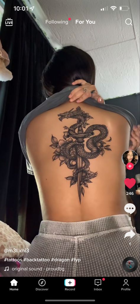 Dragon In Back Tattoo, Baddie Spine Tattoo Dragon, Back Tattoo Women Spine Unique Dragon, Unique Back Tattoos Women Dragon, Dragon Tattoo Down Spine, Fore Tattoos For Women, Dragon On Spine Tattoo, Back Tattoo Women Baddie, Women Half Back Tattoo