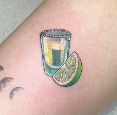 A little tat for National Tequila Day! 🍹 Artist: alitattoos_rainandrune on IG #tattd #tattdapp #tequilatattoo #nationaltequiladay #smalltattoo #colortattoo #limetattoo #tequila Tequila And Lime Tattoo, Tequila Tattoo Ideas, Salt Tequila Lime Tattoo, Tequila Shot Tattoo, Fine Line Margarita Glass Tattoo, Tequila Tattoo, Bottle Tattoo, Custom Temporary Tattoos, Small Tattoo