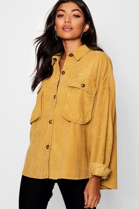 Womens Super Oversize Mock Horn Button Cord Shirt - Yellow - 4 Mustard Shirt, Cord Shirt, Scandi Chic, Drop Shoulder Shirt, Shirt Oversize, Oversize Shirt, Denim T Shirt, Basic Shirts, Shirt Sale