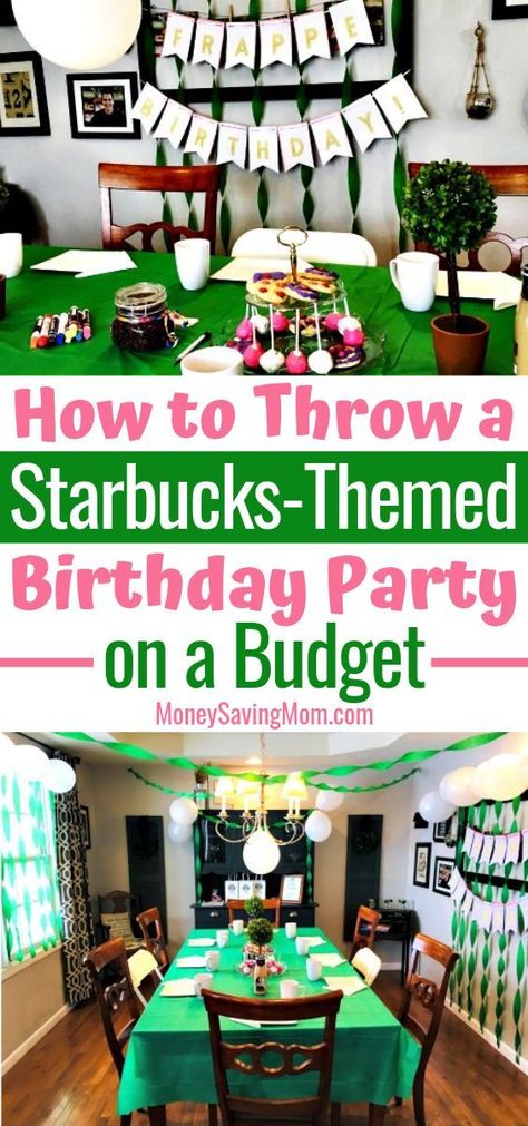 This Starbucks birthday party is SUCH a cute idea for a teenage girl who loves all things Starbucks and coffee! #partyplanning #birthdayparty #starbucks Starbucks Themed Birthday Party Free Printable, Starbucks Party Decorations Diy, Frappe Birthday Party Ideas, Starbucks Theme Birthday Party, Starbucks Party Games, Starbucks Birthday Party Decorations, 13th Birthday Party Ideas For Girls Theme, Coffee Shop Birthday Party Ideas, Starbucks Party Ideas For Teens