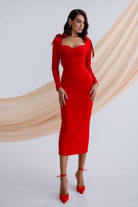 Define your signature style with our Red Sweetheart Bow Shoulder Midi Dress, a masterpiece of femininity and confidence. Envision yourself as the luminary of fashion, effortlessly making a statement with the sweetheart neckline and bow-adorned shoulders that embody both sophistication and daring allure.  #reddress #bowshoulder #dress #dresses #mididress #eveningdress #weddingdress #dresslover #fashion #style Red Classy Dress, Red Dress Chic, September Outfits, Classic Midi Dress, Red Midi, Wear Store, Modesty Fashion, Head Shots, Red Midi Dress