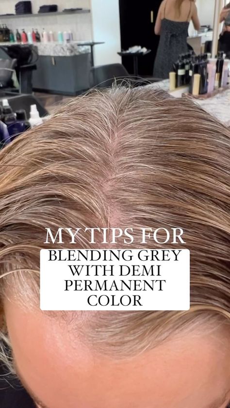 CARLY ZANONI • Color & Placement Expert For Hairstylists | Do you guys do this too? Blending grey with Demi permanent color is my FAVORITE!!! Here are my tips: ⚡️use an alkaline demi that has the… | Instagram Best Color For Greying Hair, Ion Demi Permanent Hair Color Chart, Shades Eq Grey Blending Formula, Demi Permanent Grey Blending, Demi Hair Color Shades, Demi Grey Blending, Demi Color Over Gray, Demi Grey Blending Brunette, Demi Permanent Hair Color To Cover Grey