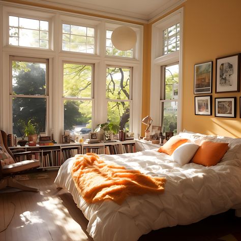 Room With Orange Walls, Bedroom Inspirations Colorful Eclectic, Bright Cosy Bedroom, Light Orange Walls Bedroom, Beige Orange Bedroom, Clean Eclectic Bedroom, Muted Orange Bedroom, Bright Happy Bedroom Ideas, Warm Orange Bedroom