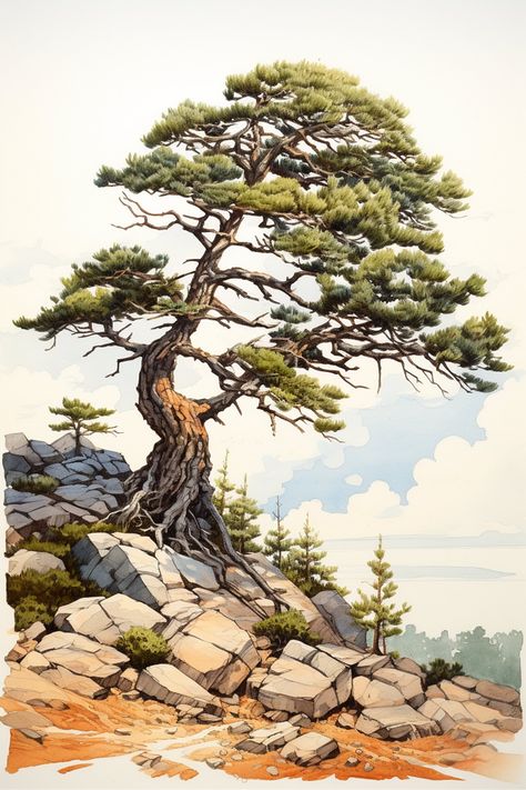 Mountain White Pine - Digital Artwork  Transform your living space into a serene woodland with this stunning North American White Pine digital artwork. Rendered in exquisite watercolor & pencil detail, this artwork captures the beauty and majesty of this iconic tree. Perfect for hikers and nature lovers, this high-quality digital download can be printed at any of the following sizes to suit your space.  Instantly bring the beauty of the great outdoors into your home with this stunning Mountain t Nature Art Digital, Pine Watercolor, Sunflower Watercolor Painting, Loose Watercolor Paintings, Mountain Tree, Landscape Painting Tutorial, Tree Watercolor, Woodland Art, Watercolor Pencil