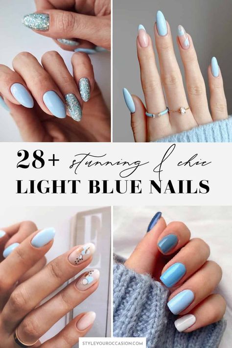 Looking for light blue nails or baby blue nails ideas to try? This list has it all! Light blue nails with design, acrylic, short, almond, coffin, square, and round. And, there’s baby blue nails with glitter for summer, with snowflakes for winter, and with rhinestones for any season, as well as light blue French tip nails you’ll love. January Blues Nails, Pastel Blue Spring Nails, Nail Designs With Light Blue, Spring Blue Nails Short, Nails To Match Periwinkle Dress, Light Blue White And Gold Nails, Light Blue Wedding Nails Bridesmaid, Nails Spring 2024 Blue, Light Blue Fingernails