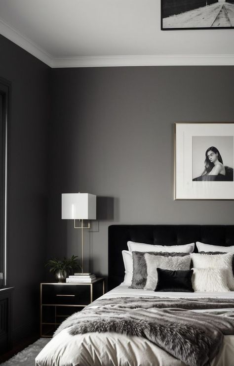 Black White Grey Leather Bedroom, Black And White Grey Bedroom, White And Grey Bedroom Aesthetic Modern, Bedroom Gray Aesthetic, Dark Grey Modern Bedroom, Dark Gray Room Aesthetic, Black White Grey Bedroom Ideas, Black And White Interior Design Bedroom, Black And White Bedroom Aesthetic Modern