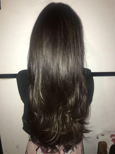 Layer Dark Brown Hair, Long Layer Dark Brown Hair, Dark Layers Hair, Black Hair Esthetics, Long Black Brown Hair, Haircuts Long Hair Layered, Dark Brown Hair Vs Black Hair, Dark Brown Layered Hair Medium, Hair Dye Inspo For Black Hair